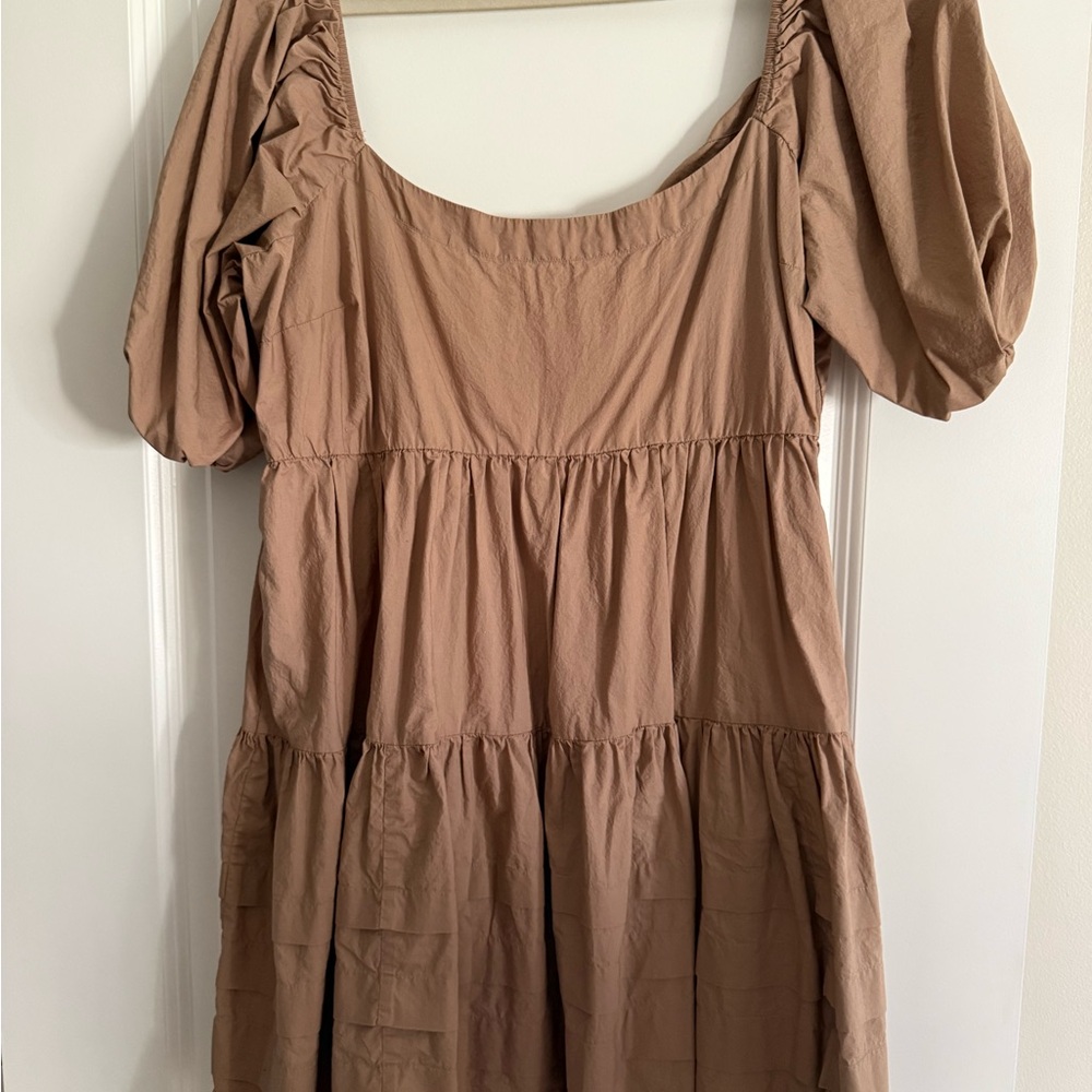 American Eagle Outfitters Tan Mini Dress with Puff Sleeves